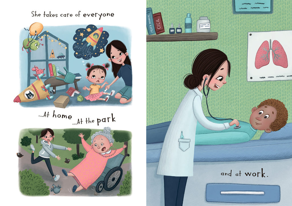 An illustration from Amy Faith Ho, M.D., M.P.H., assistant professor at TCU and UNTHSC School of Medicine, children’s book titled, “Is Mommy A Doctor or A Superhero?” Courtesy of  DoctorMommyBook.com