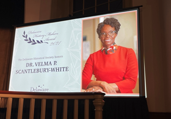 Velma P. Scantlebury-White, M.D., FACS, visiting professor at TCU and UNTHSC School of Medicine, received the Delaware History Makers Award 2021 from the Delaware Historical Society on October 7, 2021. (Photo: Lisa McBride)