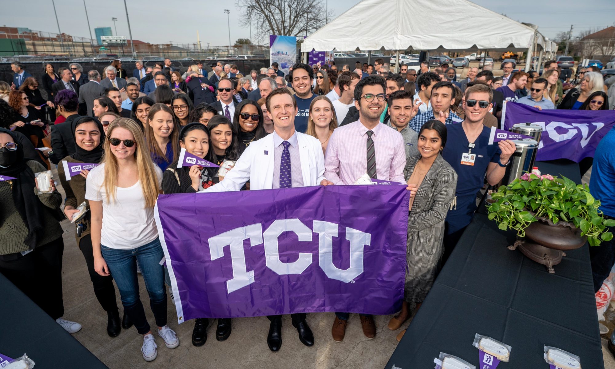 TCU School of Medicine students celebrate the announcement of the site of the future home of the medical school in Fort Worth on Monday, February 28, 2022.