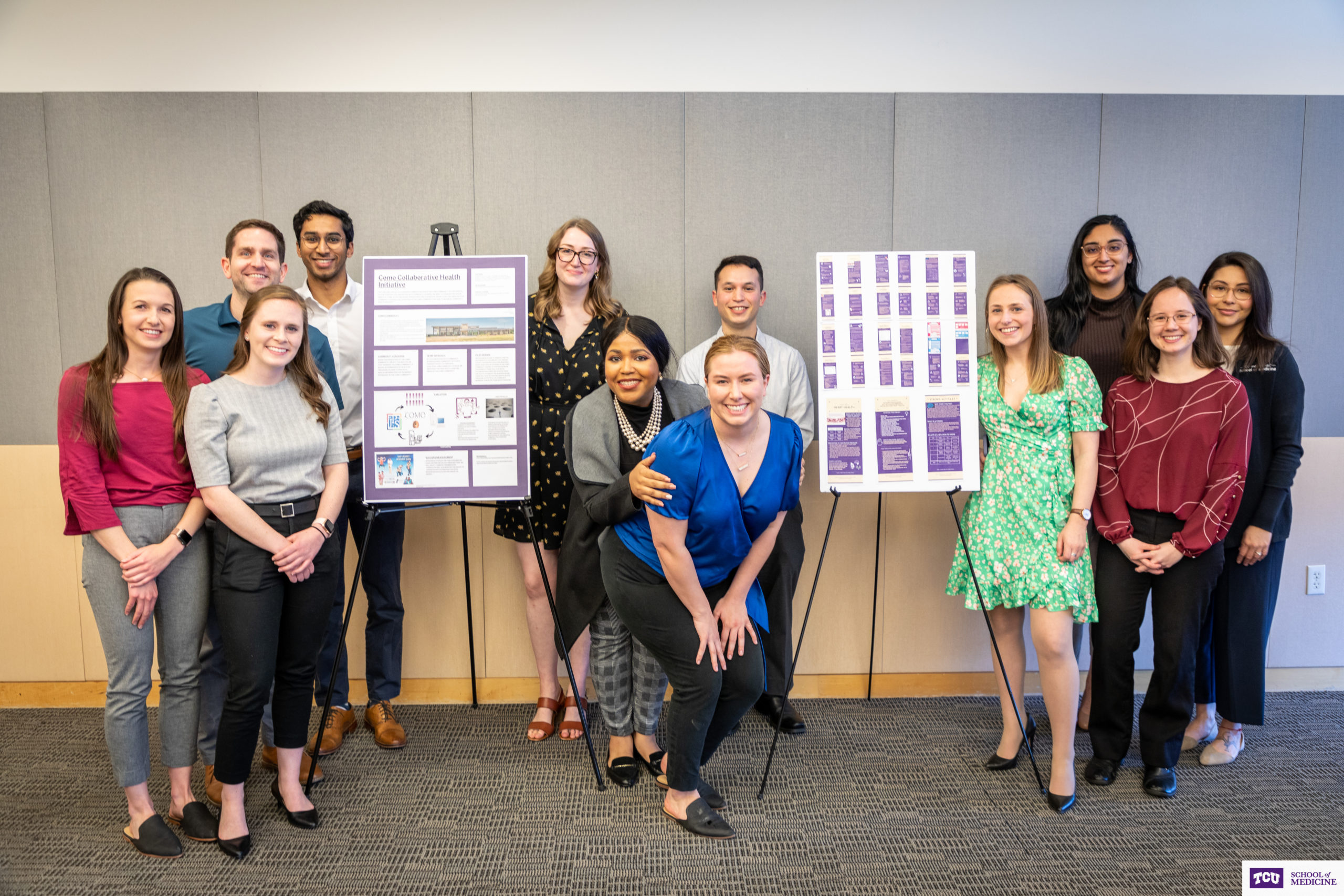  TCU School of Medicine THRIVE Learning community members of Timu and Virtud houses present their poster for the COMO community at the first annual P4P: Community Impact Project Celebration. The members pictured above are (from left to right): Meaghan Rousett, Grace Newell, Kyle Schneider, Ruthvik Allala, Nathalie Scherer, Charna Kinard, Samantha Evans, Kevin Rivera, Mallory Thompson, Kavneet Kaur, Mei Mei Edwards and Ivette Ivila.