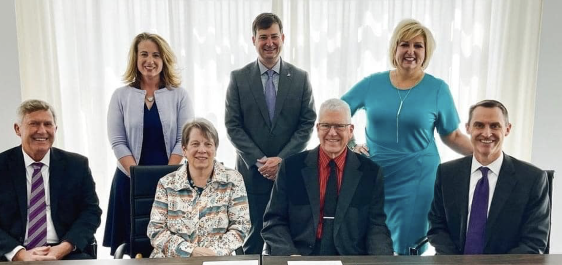 The photo was taken when the paperwork was signed to create the John Heald Medical Scholarship. Pictured, standing from left to right, are Julie Whitt, Associate Vice Chancellor of Donor Relations, TCU; Kenton Watt, Senior Director of Development, TCU School of Medicine; and Judy Bernas, Senior Associate Dean, TCU School of Medicine. Seated, from left to right are Dr. Stuart Flynn, M.D., Dean, TCU School of Medicine; Carol Hoefs; Richard Hoefs; and David Nolan, Associate Vice Chancellor of Development, TCU.