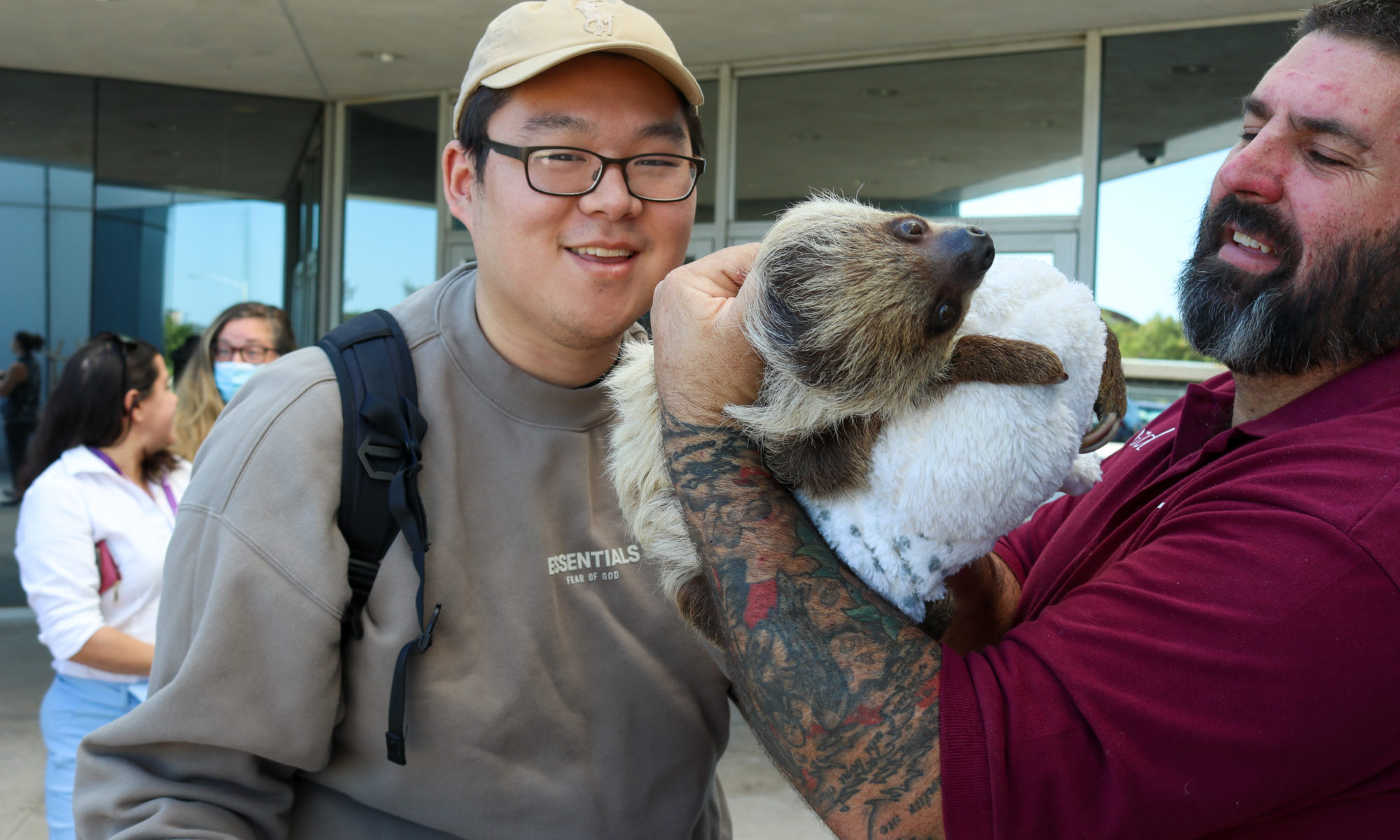 Kyung Park, MS2, CO2025 meets Jaws, a two-toed sloth at the Anne Burnett Marion School of Medicine at Texas Christian University.