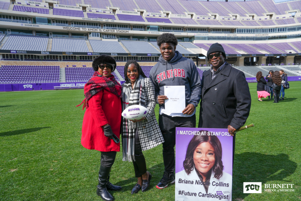 L-R: Faye Collins, Briana Collins, James Collins II and James Collins at Burnett School of Medicine at TCU Match Day 2023 at Amon G. Carter Stadium at Texas Christian University on Friday, March 17, 2023.