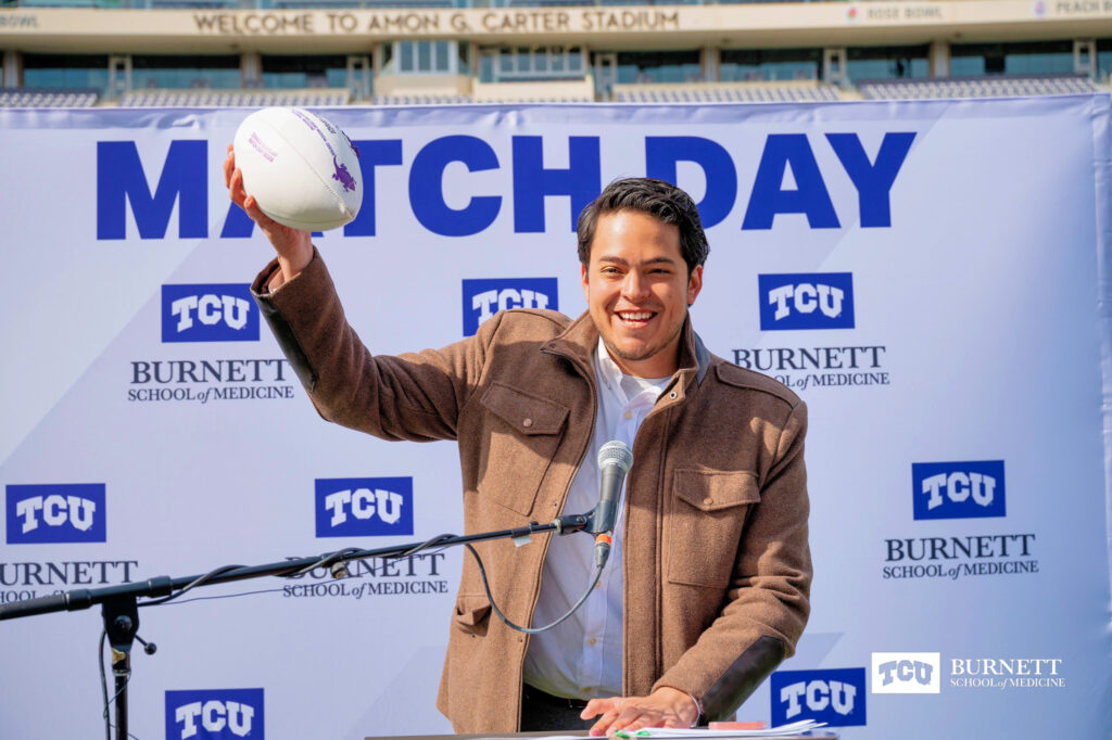 Edmundo Esparza, MS-4, announces his match at UC San Diego in internal medicine at Burnett School of Medicine at TCU's Match Day 2023 at Amon G. Carter Stadium at Texas Christian University in Fort Worth on Friday, March 17, 2023. 