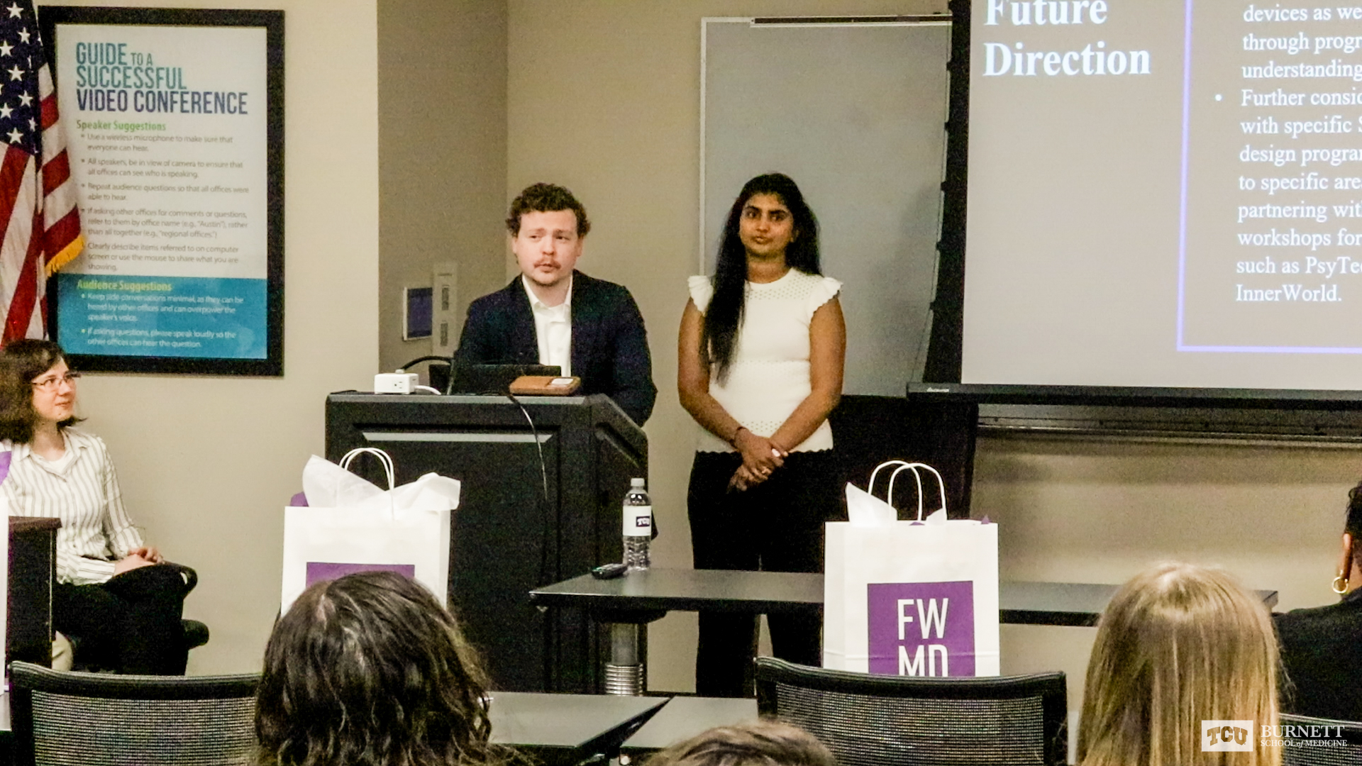L-R: Third-year medical students Thomas Redman and Sruthi Tummala present their Community Impact Project for the COMO community at the Anne Burnett Marion School of Medicine at Texas Christian University in Fort Worth, Texas on March 23, 2023.