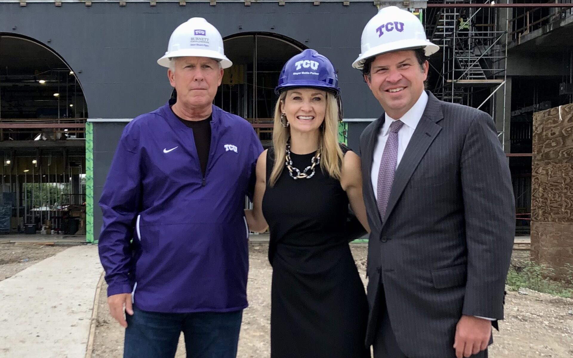 From Left to Right: Stuart D. Flynn, M.D., Founding Dean of Burnett School of Medicine at TCU; Fort Worth Mayor Mattie Parker and TCU President Daniel Pullin at the site of the medical education building for the Anne Burnett Marion School of Medicine at Texas Christian University in the heart of Fort Worth's Medical Innovation District.