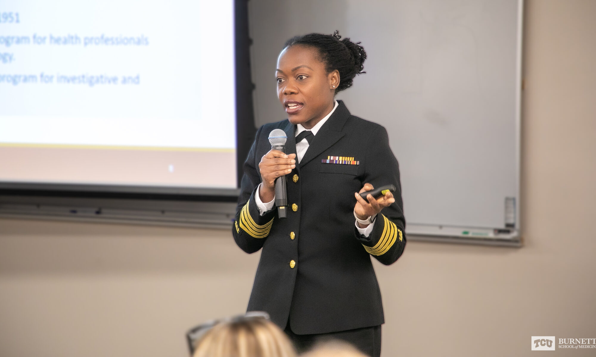 Ikwo Oboho, M.D., ScM, Director of Infection Prevention and Control Program for U.S. Department of Veteran Affairs in North Texas discussed outbreak response with medical students at Burnett School of Medicine at TCU .