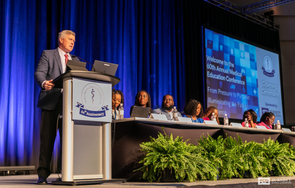 Anne Burnett Marion School of Medicine at Texas Christian University Founding Dean Stuart D. Flynn, M.D., gives the keynote speech at the Student National Medical Association's 60th Annual Medical Education Conference in New Orleans on March 28, 2024.