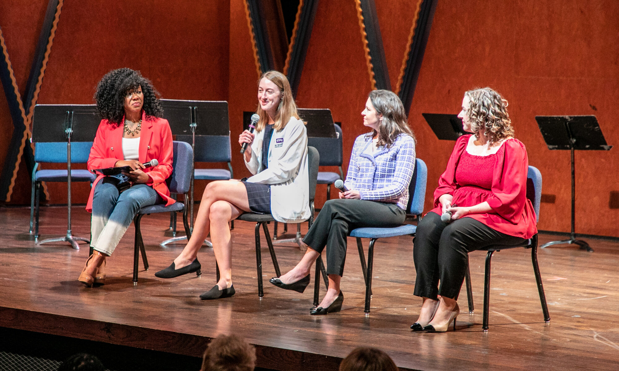 L-R: Ayvaunn Penn, MFA, Assistant Professor in the TCU Theatre Department; Elizabeth Slear, MS-3, president of the OB/GYN Student Interest Group at Anne Burnett Marion School of Medicine at Texas Christian University; said April Bleich, M.D., Chair of Obstetrics & Gynecology at the Burnett School of Medicine; and Sarah Morrow, CNM, Director of Nurse Midwives Hospitalist Group at Baylor, Scott & White All Saints Medical Center Fort Worth.