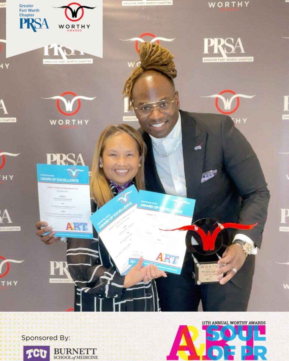 L-R: Maricar Estrella, Director of Digital Development and Content Strategy, and Prescotte Stokes III, Integrated Content and Marketing Manager, attend the Greater Fort Worth Public Relations Society of America's 2024 Worthy Awards in Fort Worth on November 8, 2024.