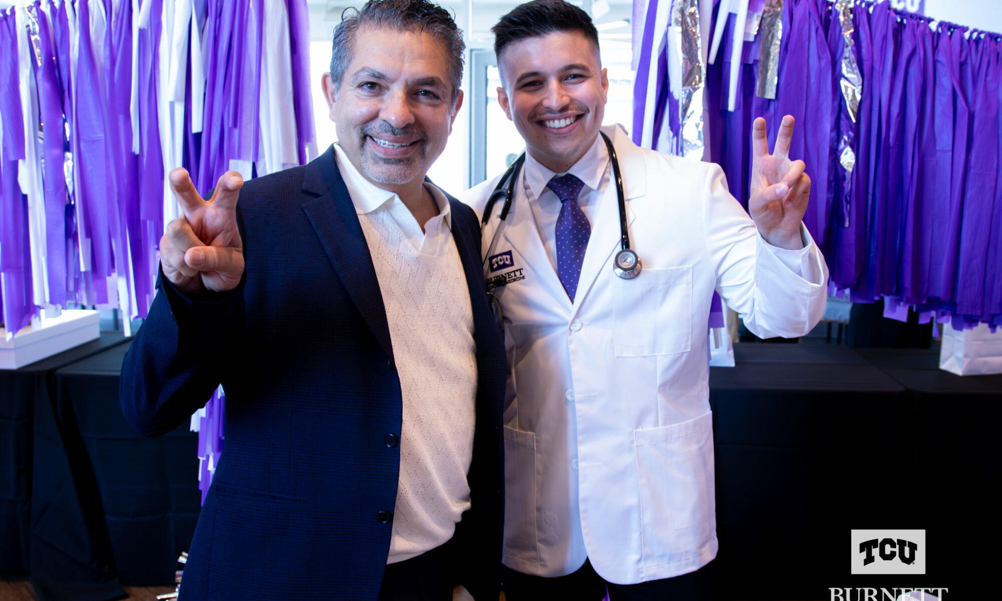 Bijan Hosseini and his father at the White Coat Celebration of the Anne Burnett Marion School of Medicine at Texas Christian University in Fort Worth on July 13, 2024.