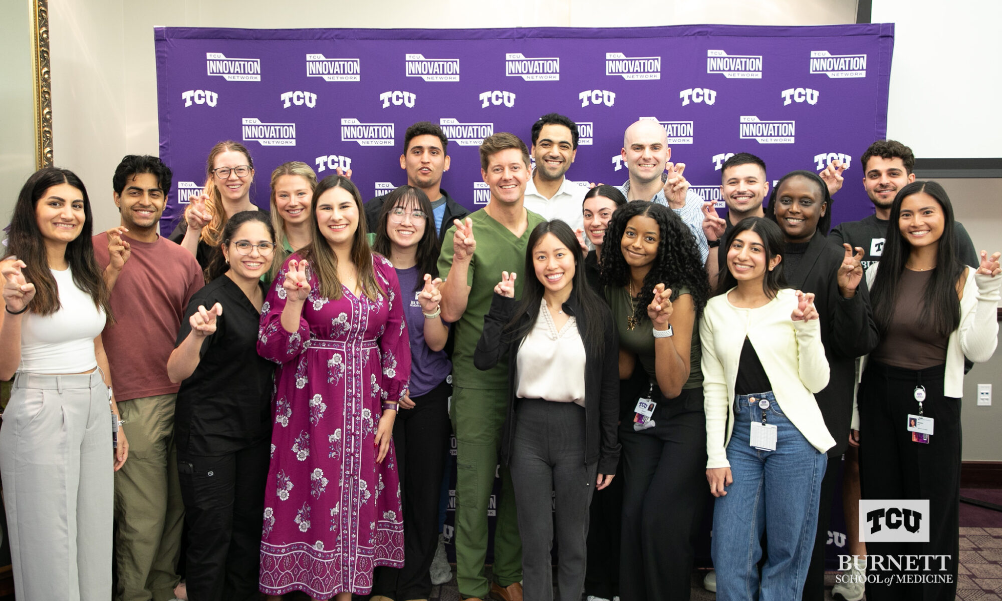 Dr J Mack Slaughter, M.D., with Burnett School of Medicine students at TCU on Oct. 27.