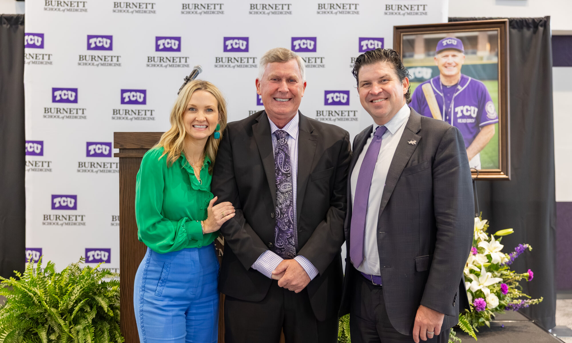 L-R: Fort Worth Mayor Mattie Parker, Burnett School of Medicine Founding Dean Stuart D. Flynn, M.D., and TCU Chancellor Daniel Pullin at the 10th Anniversary celebration luncheon for Dean Flynn at Burnett School of Medicine in Fort Worth on Wednesday, May 6.